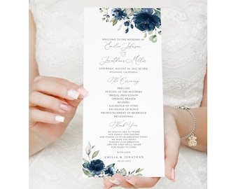 Navy Wedding Program Template, Blue Wedding Program, Floral Wedding Program Printable, Boho Wedding Program, Templett, #B34