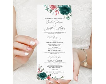 Teal Pink Wedding Program Template, Teal and Pink Program, Turquoise Wedding Program Printable, Boho Wedding Program, Templett, #B142