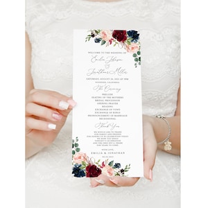 Burgundy Navy Blush Wedding Program Template, Marsala Wedding Program,  Printable Program, Boho Wedding Program, Templett, #B80