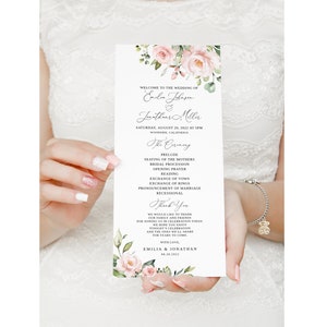 Blush Wedding Program Template, Elegant Wedding Program, Floral Program Printable, Boho Wedding Program, Blush Flowers, Templett, #B33