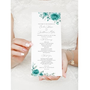 May include: Wedding ceremony program with teal floral design. The program lists the order of events for the wedding of Emilia Johnson and Jonathan Miller on August 20, 2022, in Woodside, California.