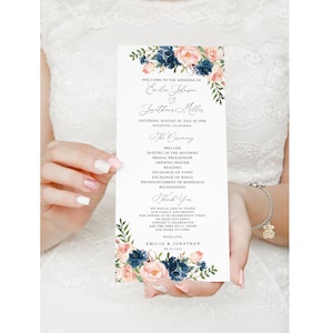 Navy and Blush Wedding Program Template, Floral Wedding Program,  Printable Program, Boho Wedding Program, Templett, #B68
