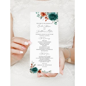 Plantilla de programa de bodas naranja verde azulado, programa verde azulado y naranja, programa de bodas turquesa imprimible, programa de bodas Boho, Templett, #B141