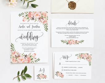 Suite de faire-part de mariage rose blush, modèle de faire-part de mariage blush, faire-part de mariage bohème, Templett, #B23