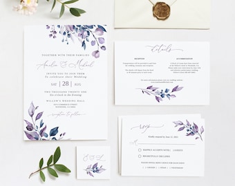 Purple and Navy Wedding Invitation Template, Purple Blue Wedding Invitation, Lavender Wedding Invitation, Templett, #B126