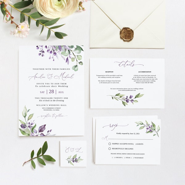 Purple Green Wedding Invitation Template, Dasty Purple Wedding Invitation, Lavender Wedding Invitation, Templett, #B125