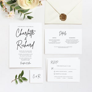 Plantilla de invitación de boda moderna, invitación de boda simple, invitación de boda mínima, plantilla editable, Templett, #B127