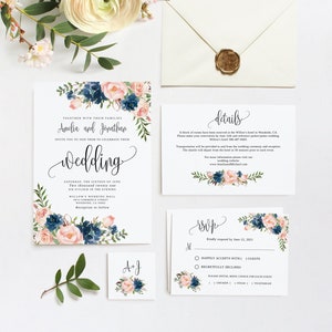 Blush and Navy Wedding Invitation, Editable Template, Printable Wedding Invitation Suite, Navy and Blush Wedding Invitation, Templett, #B30
