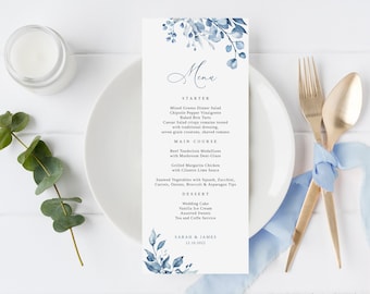 Dusty Blue Wedding Menu Template, Blue Wedding Menu, Floral Wedding Menu Printable, Templett, #B63