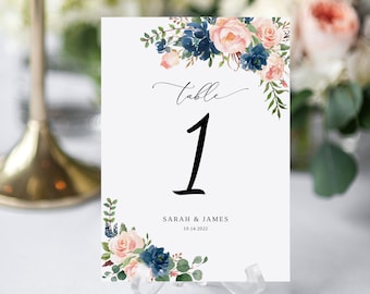 Blush and Navy Wedding Table Numbers, Table Number Template, Seating Card, Editable Table Numbers, Templett, #B68