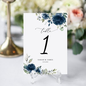 Navy Wedding Table Numbers, Table Number Template, Seating Card, Editable Table Numbers, Blue Flowers, Templett, #B34