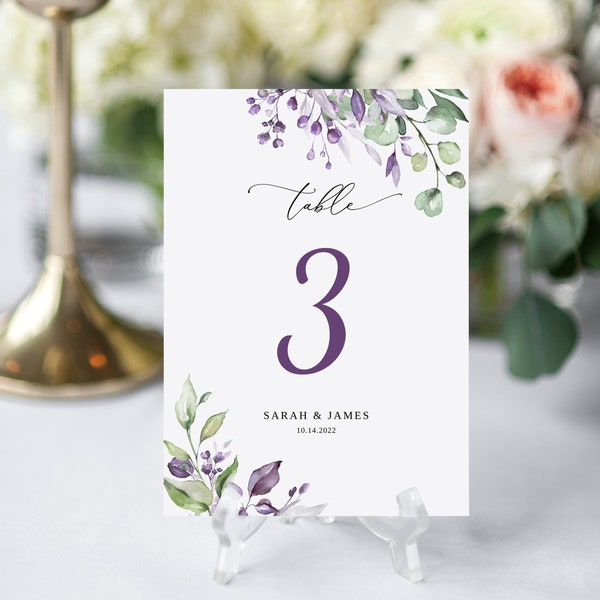 Purple and Green Wedding Table Numbers, Purple Table Number Template, Seating Card, Lavender Table Numbers, Templett, #B125