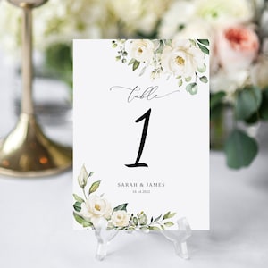 Numéros de table de mariage blancs, modèle de numéro de table, carte de table, numéros de table modifiables, fleurs blanches, templett, # B36