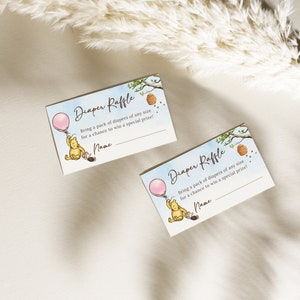 Winnie de Poeh baby shower luier loterij tickets, baby meisje douche invoegen, Winnie-de-Pooh luier loterij, Poeh thema baby shower spellen B189