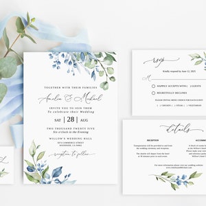 Blue Green Wedding Invitation Template, Dusty Blue Wedding Invitation, Greenery Wedding Invitation, Templett, #B163