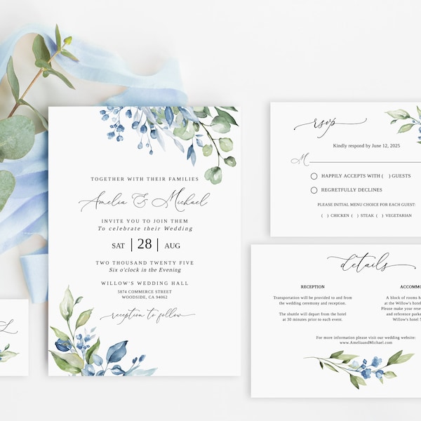 Blue Green Wedding Invitation Template, Dusty Blue Wedding Invitation, Greenery Wedding Invitation, Templett, #B163