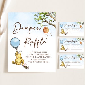 Winnie de Poeh baby shower luier loterij tickets en teken sjabloon, baby shower invoegen Winnie-de-Pooh luier loterij kaart douche games B188