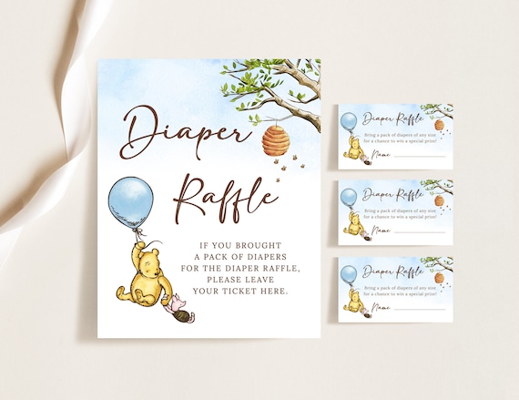 Winnie The Pooh Baby Shower Diaper Raffle Tickets and Sign Template, Baby Shower Insert Winnie-The-Pooh Diaper Raffle Card Shower Games B188
