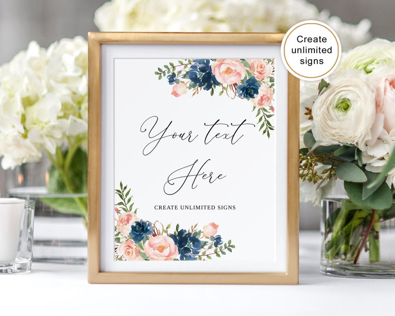Navy Blush Floral Wedding Sign Template, Printable (Edit Yourself) image 1