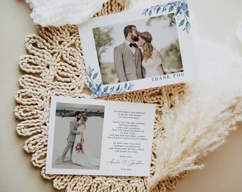 Modèle de carte de remerciement pour photo de mariage bleu poussiéreux, carte de remerciement avec photo, mot de remerciement pour mariage bleu, Templett, #B63