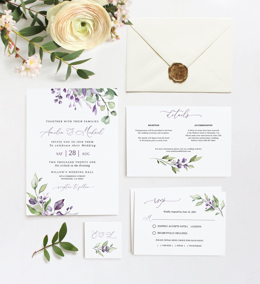 Purple Green Wedding Invitation Template, Dasty Purple Wedding ...