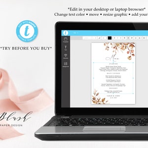 May include: Editable wedding menu template featuring a watercolour floral design in shades of brown and beige. The menu is titled "Mine" and includes sections for starter, main course, dessert, and the names of the couple and wedding date.