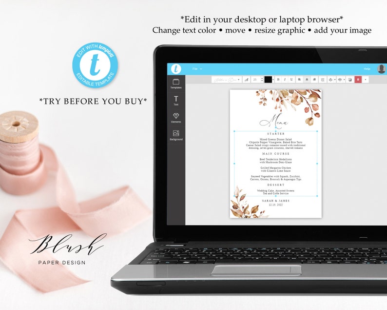 May include: Editable wedding menu template featuring a watercolour floral design in shades of brown and beige. The menu is titled "Mine" and includes sections for starter, main course, dessert, and the names of the couple and wedding date.