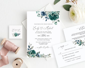 Teal Navy Baby's Breath Wedding Invitation Template, Teal Baby's Breath Wedding Invitation, Floral Wedding Invitation, Templett, #B167