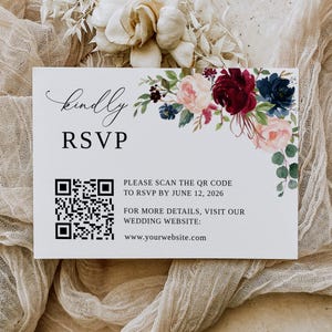 Codice QR RSVP per matrimonio rosa bordeaux e blu, modello di codice QR per matrimonio, RSVP con codice QR, biglietto di risposta floreale, RSVP online, B80