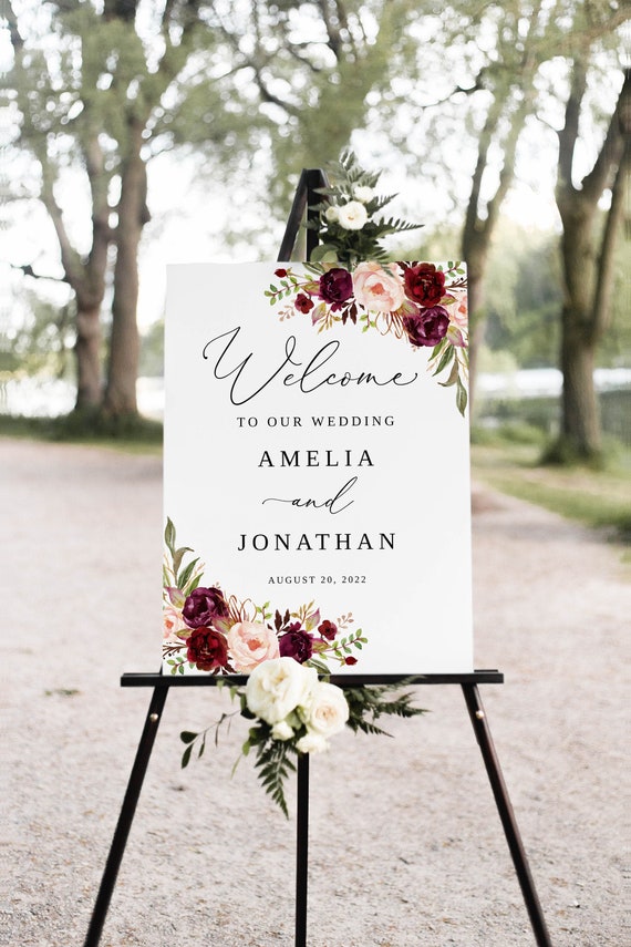  Burgundy and Navy Wedding Welcome Sign Printable, Editable  Wedding Sign Burgundy and Navy Blush Flowers Decor, Rustic Welcome Wedding Sign  Stand, Personalized Welcome Sign for Wedding, Wedding Decor, Plastic Sign