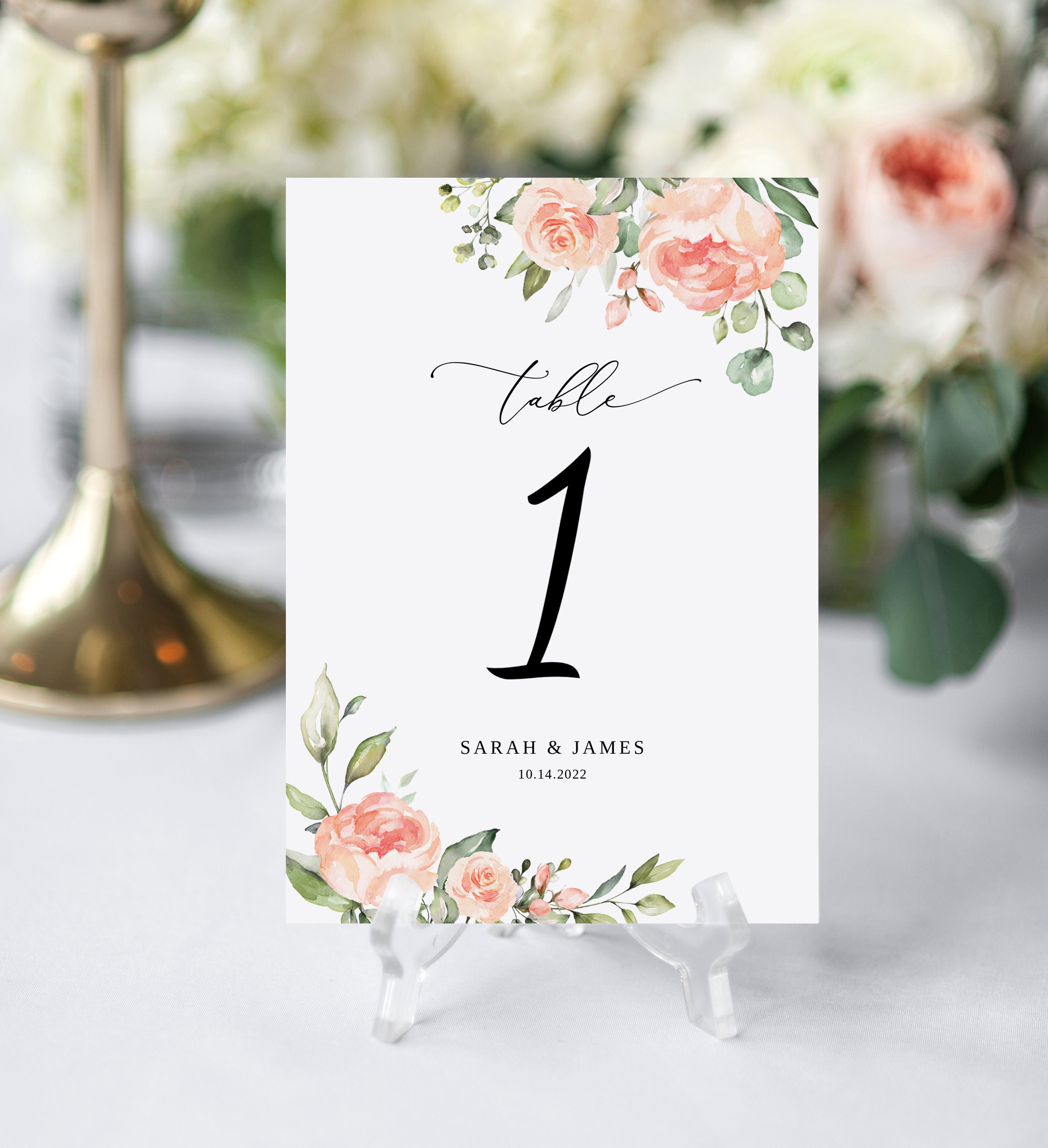Peach Wedding Table Numbers, Peach Table Number Template, Seating