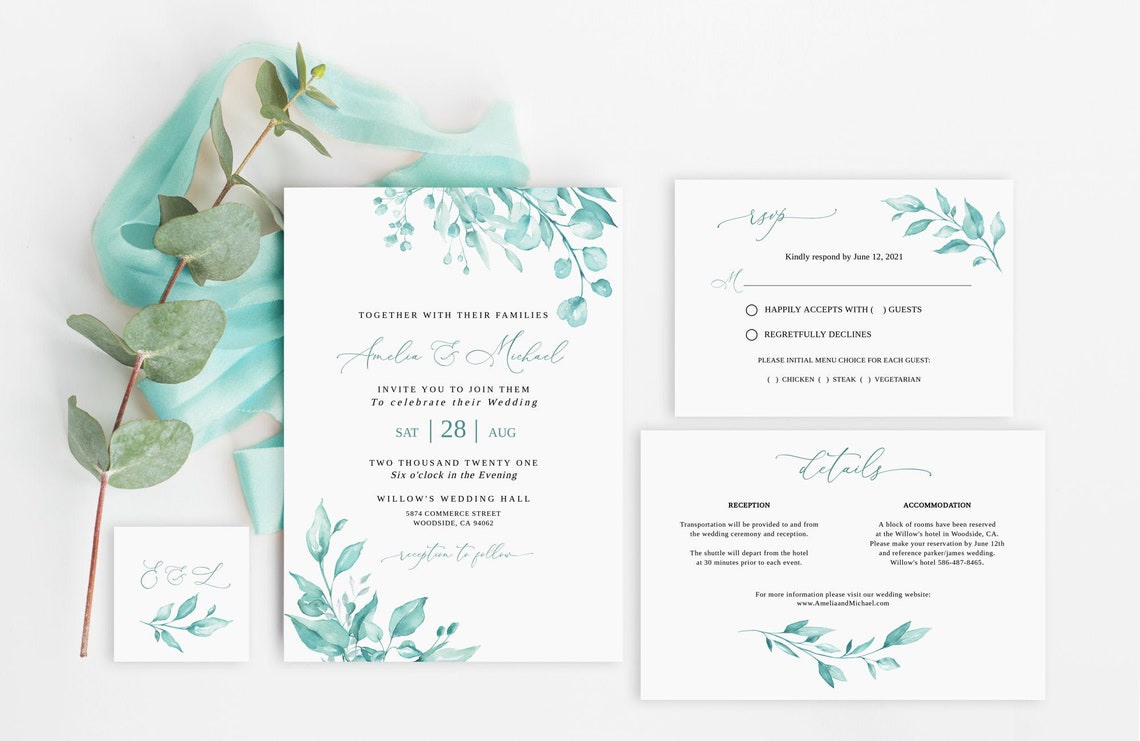 Agua Wedding Invitation Template Agua Blue Wedding Invite image 1