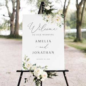 Weiße Blumen Hochzeit Willkommensschild Vorlage, Hochzeitsschild Hochzeit, Printable Hochzeitsschild, weiße Blumen, Templett, #B36