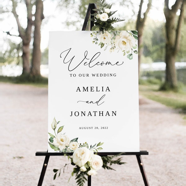 White Floral Wedding Welcome Sign Template, Welcome Wedding Sign, Printable Wedding Sign, White Flowers, Templett, #B36