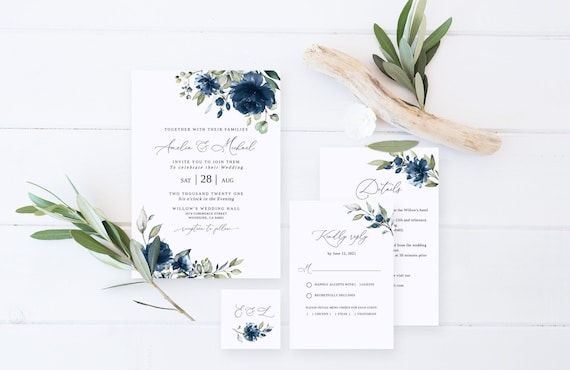 Navy Blue Wedding Invitation Template Blue Wedding | Etsy