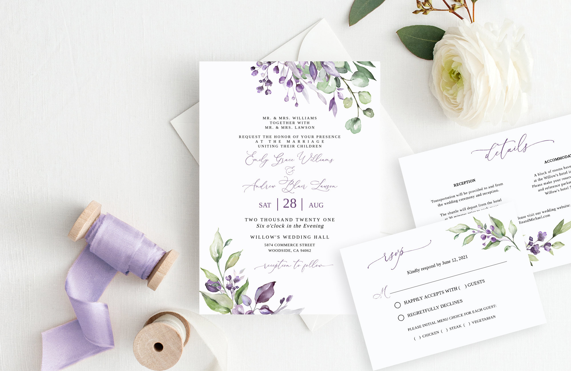 Purple and Green Wedding Invitation Template, Dasty Purple Wedding ...