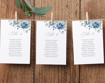 Dusty Blue and Baby&#39;s Breath Wedding Seating Chart Cards, Hanging Seat Chart Template, Blue Wedding Seating Plan, Templett, #B96