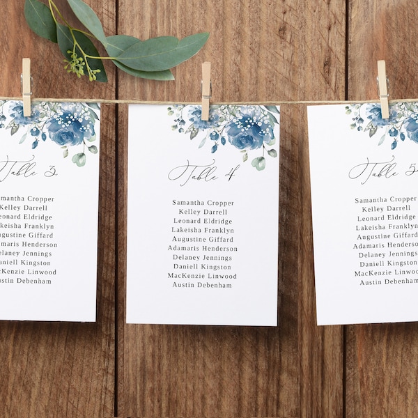 Dusty Blue and Baby's Breath Wedding Seating Chart Cards, Hanging Seat Chart Template, Blue Wedding Seating Plan, Templett, #B96