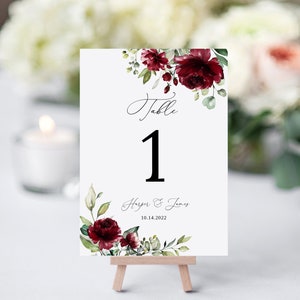 Numeri da tavolo per matrimoni bordeaux, modello numero da tavolo rosso scuro, carta per posti a sedere, numeri da tavolo modificabili, Templett, #B35