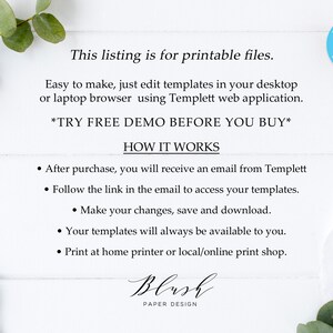 Peut inclure: Fond blanc avec du texte indiquant "This listing is for printable files." Instructions pour modifier les mod&egrave;les avec Templett. Comprend "TRY FREE DEMO BEFORE YOU BUY" et "HOW IT WORKS". Logo Blush Paper Design.