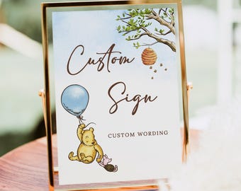 Editable Winnie The Pooh Baby Shower Sign, Edit Yourself, Custom Sign Template, Blue Baby Boy Shower Sign, Templett, B188