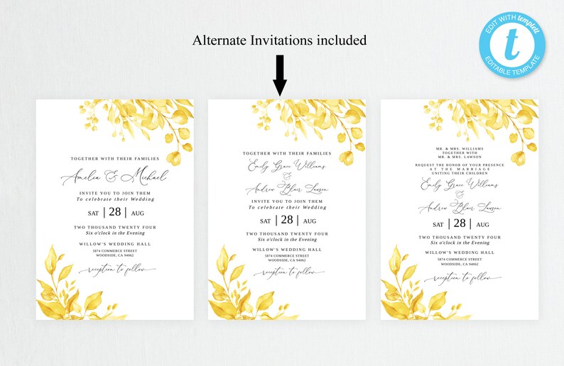 Watercolor Yellow Wedding Invitation Template, Yellow Invitation, Templett, #B154 image 3