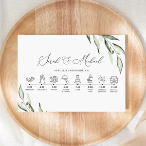 Olivgrüne Hochzeit Auftrag der Ereignisse Karte, Olive Hochzeit Timeline, Hochzeit Stundenplan Vorlage, Ordnung des Tages, Templett, #B94