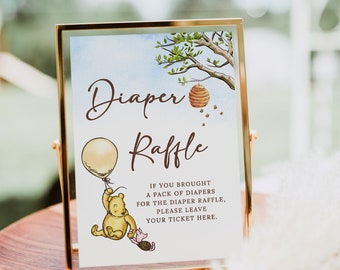 Plantilla clásica de letrero de rifa de pañales para baby shower de Winnie-The-Pooh, letreros neutros para mesa de baby shower Juego de rifa de pañales de Winnie The Pooh B190