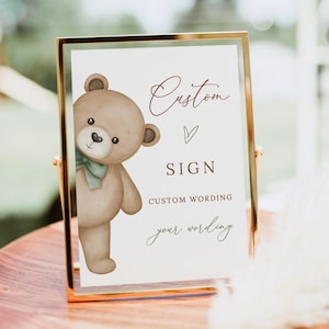 Redigerbar babyshowerskylt med salviagrön björn, redigera själv, anpassad skyltmall, B239