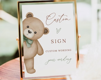 Editable Sage Green Bear Baby Shower Sign, Edit Yourself, Custom Sign Template, B239