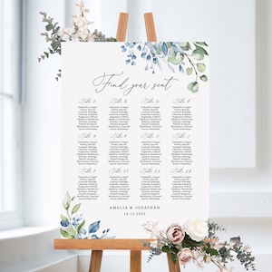 Stoffige blauwe en groene bruiloft zitplaatsen grafieksjabloon, bloemen bruiloft zitplaatsen grafiek, bruiloft zitplank, plattegrond, Templett, #B163