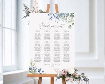 Dusty Blue and Green Wedding Seating Chart Template, Floral Wedding Seating Chart, Wedding Seating Board, Seating Plan, Templett, #B163