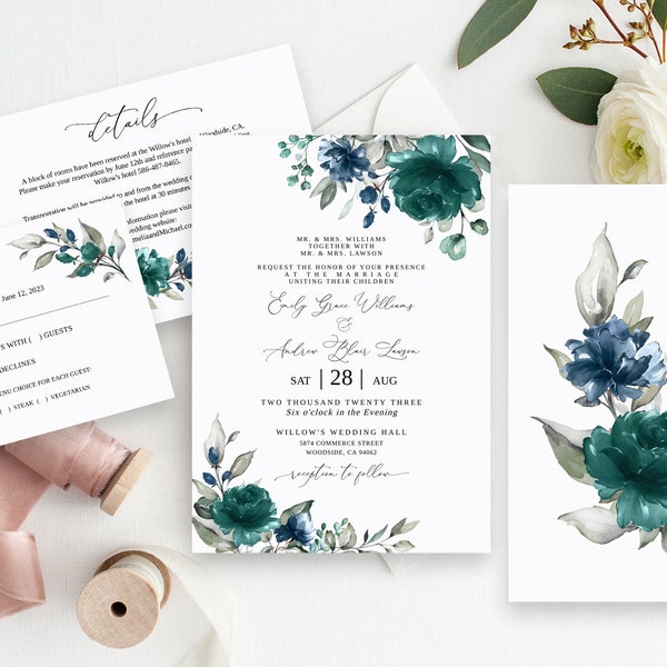 Teal Navy Wedding Invitation Template, Teal Blue Wedding Invitation, Editable Template, Floral Wedding Invitation, Templett, #B155