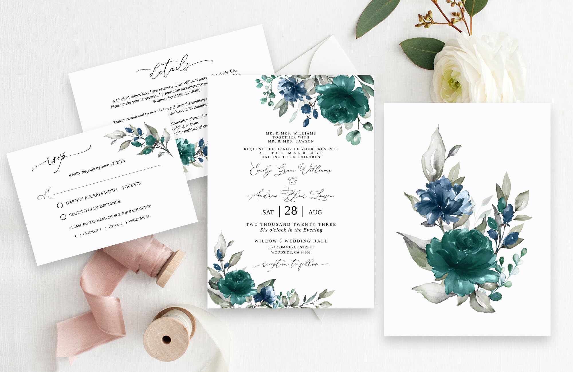 Teal Navy Wedding Invitation Template, Teal Blue Wedding